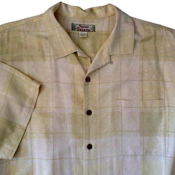 Tommy Bahama Men's Shirt Large Silk Aloha Textured Check Pattern Yellow - Picture 2 of 4